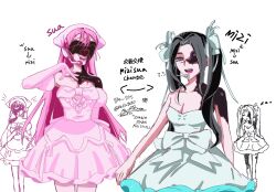  2girls alien_stage alternate_color alternate_hairstyle bandana black_hair bow chest_bow cosplay costume_switch dress dress_bow elbow_gloves gloves hair_bow hairstyle_switch headset heart highres microphone mizi_(alien_stage) multiple_girls multiple_hair_bows pink_bandana pink_bow pink_gloves pink_hair raku_(raku9280) strapless strapless_dress sua_(alien_stage) translation_request twintails violet_eyes white_bow zombie_stage 