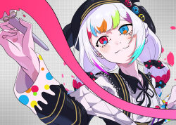  1girl arashida_meiru beret black_hat black_jacket blue_eyes bow closed_mouth collared_shirt colored_tips commentary_request contrast_collar grid_background hair_bow hat heterochromia highres holding holding_paintbrush jacket jacket_partially_removed jogasaki_noah long_hair long_sleeves mahou_shoujo_no_majo_saiban multi-tied_hair multicolored_eyes multicolored_hair neck_ribbon off_shoulder paintbrush polka_dot polka_dot_bow red_eyes ribbon shirt sleeve_bow smile solo streaked_hair upper_body white_background white_hair white_shirt 