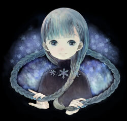  1girl black_background black_cloak blue_eyes blue_hair blue_nails blunt_bangs braid cloak commentary_request floating_hair holding long_hair looking_at_viewer original single_braid smile snowflake_background snowflakes solo upper_body very_long_braid very_long_hair yumi_(tuzisaka) 