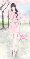  1boy artist_name bag black_hair bow building bush buttons cherry_blossoms closed_mouth commission cropped_jacket crossdressing crossdressing_(mtf) crossed_legs dress earrings falling_petals floral_print floral_print_pantyhose flower full_body grey_eyes hair_bow half_updo hanami hand_on_own_cheek hand_on_own_face hand_up handbag high_heels holding holding_flower jacket jewelry lemicon light_blush light_smile long_hair long_sleeves looking_at_viewer male_focus on_floor open_clothes open_jacket original outdoors pantyhose park petals pink_dress pink_jacket pink_petals pixiv_commission print_pantyhose pumps see-through_clothes see-through_pantyhose shoes shoulder_bag solo standing star_(symbol) star_earrings thank_you trap tree watson_cross wavy_hair white_bag white_bow white_pantyhose white_shoes 