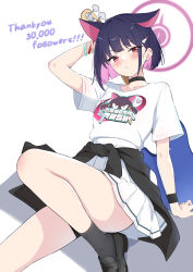  1girl absurdres animal_ears black_choker black_hair black_jacket black_shoes black_socks blue_archive blush cat_ears cat_girl choker clothes_around_waist colored_inner_hair commentary_request extra_ears guitar halo highres instrument jacket jacket_around_waist kazusa_(band)_(blue_archive) kazusa_(blue_archive) kurumi_kororin looking_at_viewer milestone_celebration multicolored_hair parted_lips pink_hair pleated_skirt print_shirt reclining red_eyes shirt shoes short_hair short_sleeves simple_background skirt socks solo white_background white_shirt white_skirt wristband 