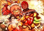  1boy 1girl @_@ absurdres animal_ear_fluff animal_ears animal_hands ashwatthama_(fate) avocado bell blush blush_stickers cat_paws collar dark-skinned_male dark_skin drooling eyelashes fang fate/grand_order fate_(series) food fox_ears gloves hair_between_eyes highres jingle_bell kinakotatu long_hair maid maid_headdress mouth_drool neck_bell open_mouth paw_gloves pepper pink_hair ponytail redhead rice skin_fang tamamo_(fate) tamamo_cat_(fate) topless_male yellow_eyes 