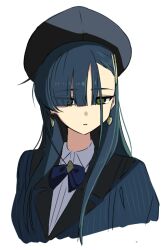  1girl astrae_oratio asymmetrical_bangs beret black_hair black_hat blazer blunt_bangs bow bowtie commentary_request cropped_torso expressionless eyes_visible_through_hair green_eyes hair_over_one_eye hat jacket jitome kyurosuku lapels long_hair parted_lips shiranui_ren simple_background solo upper_body white_background 