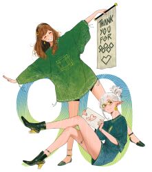  2girls :| ^_^ alt_text aqua_sweater asimov_(spindle_(aidenr0)) banner bare_legs black_boots black_eyes black_hairband blush boots bright_pupils brown_hair closed_eyes closed_mouth commentary crossed_legs disk_earrings dress english_commentary full_body green_sweater grin hairband high_heel_boots high_heels high_ponytail highres holding holding_banner knee_up leg_up long_hair long_sleeves milestone_celebration mole mole_on_leg mole_on_thigh multiple_girls multiple_moles original ottilie_(spindle_(aidenr0)) outstretched_arms pointy_ears ponytail short_dress short_hair simple_background sitting slip-on_shoes smile spindle_(aidenr0) spread_arms standing straight_hair sweater sweater_dress three-quarter_sleeves white_background white_hair white_pupils 