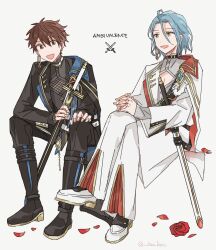  2boys am_ber ambivalence_(ensemble_stars!) belt_collar black_collar blue_hair brown_hair buckle cleavage_cutout clothing_cutout collar commentary curtained_hair earrings ensemble_stars! fingernails flower full_body grey_background highres himeru_(ensemble_stars!) holding holding_sword holding_weapon interlocked_fingers invisible_chair jewelry long_sleeves looking_at_another male_focus morisawa_chiaki multiple_boys official_alternate_costume open_mouth own_hands_together pants petals red_flower red_petals red_rose rose shoes short_hair simple_background sitting sword twitter_username weapon white_collar yellow_eyes 
