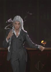  1girl alcohol artist_logo asymmetrical_hair bar_(place) bar_counter black_jacket black_vest blurry blurry_background bottle braid buttons cigarette cocktail commentary contrapposto cuff_links dark-skinned_female dark_skin ear_piercing earrings eyeliner food formal_clothes fruit highres holding holding_cigarette jacket jewelry lapel_pin lemon lemon_slice logo long_hair looking_at_viewer lucia_hsiang makeup no_pupils original piercing serious shelf shirt side_braid smoking spiked_ear_piercing suit suit_pants vest white_hair white_shirt yellow_eyes 