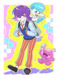  1girl backpack bag blue_vest commentary_request dot_(pokemon) full_body hair_over_one_eye highres long_sleeves looking_at_viewer necktie open_mouth orange_pants pants pokemon pokemon_(anime) pokemon_(creature) pokemon_horizons purple_hair quaxly red_necktie reverse_trap runachikku tinkatink vest 