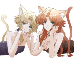  absurdres animal_ear_fluff animal_ears bare_arms bare_shoulders blonde_hair cat_ears cat_girl cat_tail commentary_request dress druvis_iii dual_persona green_eyes hand_up hands_up highres interlocked_fingers kemonomimi_mode long_hair looking_at_viewer lying mana_(t5a1il) on_stomach orange_hair orange_tail own_hands_together reverse:1999 short_hair smile strapless strapless_dress tail upper_body white_background yellow_tail 
