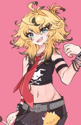  1girl ahoge black_hair black_pants black_tank_top blonde_hair colored_tips cross cross_necklace dokibird dokibird_(dokidoki_rewind_time) facial_mark green_eyes hair_intakes highres indie_virtual_youtuber jewelry looking_at_viewer messy_hair midriff multicolored_hair navel necklace necktie open_mouth pants pink_background red_necktie short_hair sidelocks skull_print smile solo star_(symbol) star_facial_mark tank_top troubleshooter_bun virtual_youtuber 