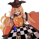  5girls blonde_hair board_game chess chess_piece chessboard cirno closed_eyes detached_sleeves hakurei_reimu hat highres kirisame_marisa looking_down matara_okina multiple_girls orange_tabard shameimaru_aya shindiyue smile solo tabard touhou white_background wide_sleeves 