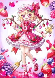  1girl adapted_weapon alternate_costume blonde_hair blueberry bow bowtie brooch commentary_request crystal crystal_wings dress fangs flandre_scarlet food food-themed_clothes fork frilled_wrist_cuffs frills fruit fruit_hat_ornament full_body hat hat_ornament heart heart_brooch heart_hat_ornament high_heels highres holding holding_fork jewelry laevatein_(touhou) looking_at_viewer miy_001 mob_cap one_side_up open_mouth oversized_food oversized_object pink_dress puffy_short_sleeves puffy_sleeves red_bow red_bowtie red_shoes red_wrist_cuffs ribbon-trimmed_dress ribbon_trim shoes short_sleeves slit_pupils socks solo strawberry strawberry_slice touhou white_hat white_socks wings wrist_cuffs 