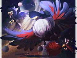  beak bird black_feathers bright_pupils closed_mouth commentary_request evolutionary_line feathers flying full_body highres honchkrow looking_at_viewer murkrow no_humans open_mouth outside_border pillarboxed planet pokemon pokemon_(creature) pokemon_focus red_eyes red_feathers reo_(mmocc123) spread_wings star_(sky) talons white_pupils 