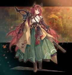  1girl absurdres autumn_leaves boots brown_boots brown_eyes collarbone commentary commission dress elbow_gloves floral_print gloves green_dress highres horns leaf long_hair looking_to_the_side maple_(sapplemyrup) mixed-language_commentary original partially_fingerless_gloves red_hair second-party_source seigaiha shichigatsu shirt skeb_commission solo standing very_long_hair white_shirt 