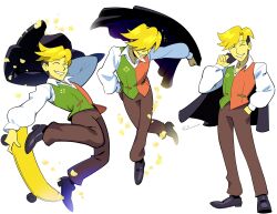  1boy absurdres artist_name black_jacket black_shoes blonde_hair brown_pants closed_eyes collared_shirt commentary deltarune drawloverlala english_commentary falling_petals flowery_(deltarune) full_body grin hand_in_pocket hand_up highres holding holding_unworn_clothes holding_unworn_jacket jacket male_focus multiple_views pants petals shirt shoes short_hair simple_background skateboard smile sparkle two-tone_vest unworn_jacket utdr_(toby_fox) white_background white_shirt yellow_petals 