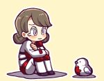  1girl @_@ arms_on_knees bird brown_hair closed_mouth commentary_request double_bun employee_(lobotomy_corporation) eyebrows_hidden_by_hair hair_bun hatake_shimeji knee_pads lobotomy_corporation long_sleeves pants project_moon punishing_bird shirt simple_background sitting teardrop white_pants white_shirt yellow_background 