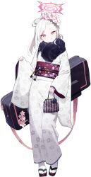  1girl asymmetrical_hair bag bangs_pinned_back blue_archive brown_sandals closed_mouth doremi_(doremi4704) duffel_bag floral_print floral_print_kimono flower flower_knot forehead full_body fur-trimmed_kimono fur_collar fur_trim game_asset hair_bun hair_flower hair_ornament half-closed_eyes halo hand_up handbag happy head_tilt heel_up highres holding holding_bag japanese_clothes kimono large_variant_set long_hair long_sleeves looking_at_viewer mutsuki_(blue_archive) mutsuki_(new_year)_(blue_archive) naughty_face obi official_art pink_eyes pink_flower pink_halo pointy_ears print_kimono sandals sash sidelocks simple_background single_hair_bun sleeves_past_wrists slit_pupils smile socks solo split_mouth standing tabi tachi-e third-party_source transparent_background variant_set white_hair white_kimono white_socks wide_sleeves zipper 