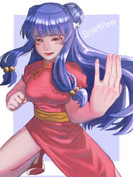  1girl bow character_name chinese_clothes commentary_request double_bun dress hair_bow hair_bun hasuya highres long_hair purple_hair ranma_1/2 red_dress red_eyes red_shoes shampoo_(ranma_1/2) shoes side_slit sidelocks smile white_bow 