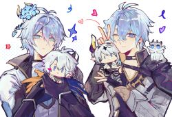 2girls ;) absurdres ahoge animal_on_head black_coat blue_eyes character_doll chimera_(honkai:_star_rail) coat color_connection commentary_request doll hair_color_connection highres hino_satoshi holding holding_doll honkai:_star_rail honkai_(series) honkai_impact_3rd in-franchise_crossover kevin_kaslana kevin_kaslana_(diabolic) looking_at_viewer male_focus multiple_girls ning_ningnin on_head one_eye_closed phainon_(honkai:_star_rail) phainon_(khaslana)_(honkai:_star_rail) short_hair smile v voice_actor_connection white_coat white_hair 