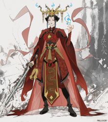  1girl abstract_background absurdres armor artist_name avatar:_the_last_airbender avatar_legends azula black_boots black_hair blue_fire boots cape character_name chinese_clothes commentary crown english_commentary eyeshadow fingernails fire flaming_sword flaming_weapon full_body highres lipstick long_fingernails makeup polluxery pyrokinesis red_cape red_eyeshadow red_lips red_nails scale_armor short_hair solo sword weapon white_background 