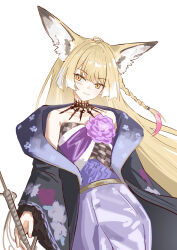  1girl absurdres animal_ear_fluff animal_ears arknights bare_shoulders black_kimono blonde_hair checkered_clothes chinese_commentary collarbone commentary_request dress english_commentary floral_print floral_print_kimono flower fox_ears fox_girl frilled_sleeves frills grey_dress highres holding japanese_clothes kimono li_xi_xigua_zi long_hair long_sleeves mixed-language_commentary multicolored_hair off_shoulder official_alternate_costume pink_flower pink_hair print_kimono scar scar_on_cheek scar_on_face simple_background smile solo streaked_hair vulpisfoglia_(arknights) vulpisfoglia_(out_of_focus)_(arknights) white_background white_hair yellow_eyes 
