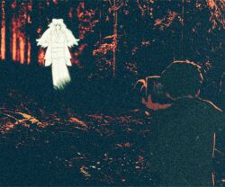  1990s_(style) 1boy 1girl anime_coloring blurry bow camera character_request commentary_request copyright_request faux_retro_artstyle feet_out_of_frame film_grain floating_hair forest from_behind ghost ghost_girl glowing hair_bow han'eri holding holding_camera jacket japanese_clothes kimono large_bow long_hair long_sleeves nature obi obidome obijime recording retro_artstyle sash short_hair sidelighting sorkgmrdraw standing tree twilight upper_body wide_sleeves 