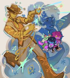  ! 1girl 1other 3boys absurdres blue_(deltarune) blue_hair blue_skin boots colored_skin commentary cowboy_boots cowboy_hat crosshair deltarune english_commentary flower flower_in_mouth gabe_(gabeirg) gun hat heart highres holding holding_gun holding_lasso holding_weapon kris_(dark_world)_(deltarune) kris_(deltarune) lasso multiple_boys one_eye_closed pink_hair ralsei red_soul_(utdr) round_eyewear soul_(utdr) susie_(dark_world)_(deltarune) susie_(deltarune) tutu utdr_(toby_fox) weapon white_fur wide-eyed yellow_(deltarune) yellow_skin 