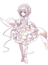  1girl bonnet commentary_request curly_hair doll dress frilled_bonnet frilled_dress frilled_skirt frills highres lolita_fashion magical_girl mahou_shoujo_ikusei_keikaku mahou_shoujo_ikusei_keikaku_restart open_mouth ribbon rionetta shoes short_hair skirt smile white_background wide_sleeves yomo_gigyoza 