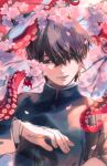  1boy black_eyes black_hair chainsaw_man cherry_blossoms day falling_petals flower hair_between_eyes highres looking_to_the_side male_focus mole mole_under_mouth outdoors petals pink_flower school_uniform short_hair smile solo tentacles thicopoyo upper_body yoshida_hirofumi 