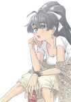  1girl anjerain antenna_hair black_hair blue_eyes collarbone commentary_request earrings ganaha_hibiki high_ponytail highres idolmaster idolmaster_(classic) jewelry long_hair looking_at_viewer open_mouth pants ponytail shawl shirt short_sleeves sitting solo white_shirt 