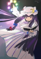  1girl absurdres artist_name blue_bow book bow commentary_request crescent crescent_hat_ornament dated dress grimoire hair_bow hat hat_ornament highres holding holding_book long_hair looking_at_viewer magic mob_cap multiple_hair_bows neck_ribbon open_book open_mouth patchouli_knowledge purple_hair purple_ribbon red_bow ribbon solo striped_clothes striped_dress touhou vertical-striped_clothes vertical-striped_dress very_long_hair violet_eyes white_dress white_hat wu_yue_(vuples) 