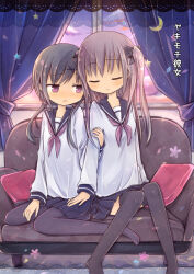  2girls amakaze_sora black_hair black_pantyhose black_sailor_collar black_skirt black_thighhighs blush breasts brown_hair closed_eyes closed_mouth clouds commentary_request couch crescent curtains indoors long_hair long_sleeves low_twintails multiple_girls neckerchief on_couch one_side_up original pantyhose parted_lips pillow pink_neckerchief pleated_skirt puffy_long_sleeves puffy_sleeves purple_sky sailor_collar school_uniform serafuku shirt skirt sky sleeves_past_wrists small_breasts sunset thigh-highs translation_request twintails violet_eyes white_shirt yuri 