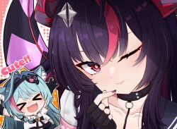  2girls ahoge alternate_costume animal_ear_fluff animal_ears arms_up bell black_choker black_gloves black_headband blue_hair cat_ears cat_girl chibi choker close-up closed_eyes closed_mouth collarbone collared_shirt commentary dragon_girl dragon_horns dragon_tail english_text fang fingerless_gloves gloves hair_between_eyes hair_intakes hair_ornament hairclip hand_up happy head_tilt headband heart heart_hands highres hiroyasu_(torafuzame) horns huge_ahoge light_blush light_smile long_hair looking_at_viewer looking_to_the_side mint_(nte) multicolored_eyes multicolored_hair multiple_girls neck_bell neverness_to_everness official_alternate_costume one_eye_closed open_mouth pink_lips purple_hair purple_nails red_eyes sailor_collar school_uniform shinku_(nte) shinku_(student_of_terrasea)_(nte) shirt short_sleeves smile smug spoken_character standing streaked_hair tail thick_eyebrows two-tone_hair upper_body 