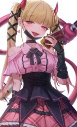  1girl absurdres bare_shoulders black_choker black_mask black_ribbon blonde_hair card chernobog_(monster_strike) choker corset demon_horns dokon eyelashes hair_ornament hair_ribbon highres holding holding_card horns jirai_kei mask mask_around_neck monster_strike pink_eyes pink_shirt pink_skirt ribbon sharp_teeth shirt skirt solo standing tail teeth tongue tongue_out twintails white_background 