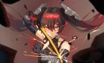 bare_shoulders black_hair closed_mouth fake_horns gradient_hair hair_between_eyes hair_ornament headgear highres holding holding_sword holding_weapon horns liyc long_hair lucia_(punishing:_gray_raven) mechanical_arms multicolored_hair punishing:_gray_raven red_eyes redhead streaked_hair sword twintails weapon x_hair_ornament 