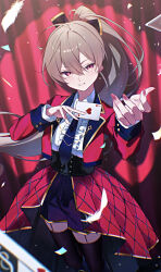  1girl absurdres ace_(playing_card) ace_of_hearts ahoge azur_lane black_garter_straps black_thighhighs brown_hair card commentary_request garter_straps hair_between_eyes heart high_ponytail highres holding holding_card jacket jean_bart_(azur_lane) long_hair long_sleeves looking_at_viewer nail_polish necktie open_clothes open_jacket playing_card poker ponytail red_eyes red_jacket red_nails red_necktie rubisco shorts solo thigh-highs 