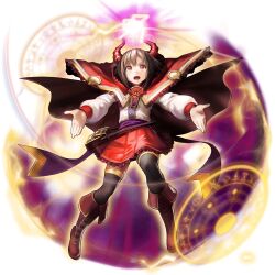  1girl artist_request black_thighhighs black_trim boots brown_hair capelet charm_(object) commentary demon_horns english_commentary floating frilled_skirt frills full_body game_asset gold_trim grand_summoners hood hooded_capelet horns jewelry knee_boots knee_up legs_apart leone_(grand_summoners) long_sleeves magic magic_circle necklace official_art open_mouth outstretched_arms pouch purple_trim red_boots red_capelet red_eyes red_skirt simple_background skirt solo standing thigh-highs third-party_source transparent_background witch 