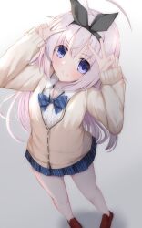  1girl absurdres ahoge arms_up black_bow black_hairband blue_bow blue_bowtie blue_skirt blush bow bowtie brown_shoes c: cardigan closed_mouth collared_shirt commentary diagonal-striped_bow diagonal-striped_bowtie diagonal-striped_clothes double_v doyagao dress_shirt eyes_visible_through_hair from_above full_body grey_background hair_between_eyes hair_bow hairband highres hikawa_ruriwo huge_ahoge loafers long_hair looking_at_viewer miniskirt nodoameyatou pink_hair plaid_clothes plaid_skirt pleated_skirt sakura_no_toki sakura_no_uta school_uniform shirt shoes sidelocks simple_background skirt sleeves_past_wrists smile smug solo standing striped_bow striped_bowtie striped_clothes v v_over_head very_long_hair violet_eyes white_shirt yellow_cardigan 
