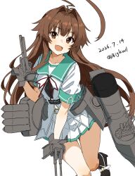  1girl absurdres ahoge aqua_sailor_collar belt bigkwl black_culottes brown_eyes commentary_request fang green_sailor_collar highres huge_ahoge kantai_collection kuma_(kancolle) kuma_kai_ni_(kancolle) long_hair looking_at_viewer miniskirt open_mouth pleated_shorts pleated_skirt rigging sailor_collar sailor_shirt school_uniform serafuku shirt short_sleeves skirt smile very_long_hair white_belt white_skirt 
