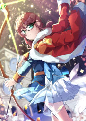  1girl absurdres arch arrow_(projectile) back_bow bell belt black-framed_eyewear blue_bow blue_jacket blue_skirt blurry blurry_background bow bow_(weapon) brown_hair closed_mouth commentary_request confetti cowboy_shot depth_of_field dot_nose dutch_angle from_side fur-trimmed_jacket fur_trim gem glasses glint glowing_gem green_eyes green_gem hair_bell hair_ornament highres holding holding_arrow holding_bow_(weapon) holding_weapon hoshimi_junna in-universe_location jacket jacket_on_shoulders light_smile long_hair long_sleeves looking_at_viewer looking_to_the_side low_side_ponytail maruiusausagi pleated_skirt red_jacket round_window shoujo_kageki_revue_starlight side_ponytail sidelighting sidelocks single_horizontal_stripe skirt solo striped_clothes striped_skirt waist_cape weapon window yellow_belt yellow_trim 
