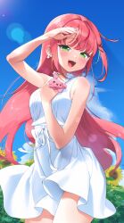  1girl :d absurdres armpit_crease blue_sky blush breasts commentary_request cowboy_shot day dress earrings floating_hair flower green_eyes hair_ornament hairclip hanako_nana hands_up heart heart_earrings highres holding holding_stuffed_toy jewelry korean_commentary lens_flare long_hair looking_to_the_side nyancul open_mouth outdoors peto_(hanako_nana) pink_hair short_dress sky sleeveless sleeveless_dress smile solo standing stellive stuffed_animal stuffed_rabbit stuffed_toy summer sundress sunflower sweat turning_head virtual_youtuber white_dress x_hair_ornament yellow_flower 