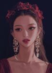  black_background brown_eyes brown_hair collarbone earrings hair_behind_ear hairband jewelry k-pop korean_commentary long_hair looking_to_the_side parted_lips photo-referenced portrait real_life realistic red_hairband red_lips red_velvet_(group) seulgi_(red_velvet) zero_q_0q 