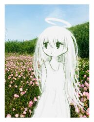  1girl angel arms_behind_back bare_shoulders blue_sky border closed_mouth colored_skin cowboy_shot day dot_mouth dress expressionless field flower flower_field hair_between_eyes halo highres hill long_hair looking_to_the_side meadow nature no_nose no_pupils oetu original outdoors photo_background pink_flower scenery sky sleeveless sleeveless_dress solo standing sundress white_border white_dress white_hair white_skin 