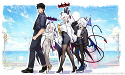  1boy 3girls :d absurdly_long_hair absurdres alternate_costume alternate_hairstyle bare_shoulders black_hair black_halo black_pants black_shoes blue_archive blue_halo bow business_casual casual collarbone collared_shirt commentary_request demon_girl demon_horns demon_tail demon_wings dress family father_and_child father_and_daughter forehead full_body hair_between_eyes hair_bow hair_ornament hair_ribbon hairclip halo height_difference highres hina_(blue_archive) horns husband_and_wife long_hair long_sleeves looking_at_another luna_(treeplanting) midriff mother_and_child mother_and_daughter multicolored_halo multiple_girls open_mouth original outdoors pants pantyhose parent_and_child parted_bangs parted_lips pointy_ears red_halo ribbon sailor_collar sailor_dress sensei_(blue_archive) shirt shoes short_sleeves sidelocks skirt smile sun_(treeplanting) tail treeplanting triangle_halo twintails two-tone_halo very_long_hair walking wavy_hair white_hair white_shirt wings 