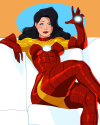  1girl absurdres arc_reactor armor black_hair cadhla182 commentary couch crossed_legs english_commentary full_armor genderswap highres iron_man iron_man_(series) long_hair marvel multicolored_armor on_couch power_armor red_armor sitting solo superhero_costume tony_stark window yellow_armor 