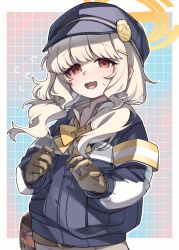  1girl absurdres aoba_(blue_archive) armband bag belt blonde_hair blue_archive blue_hat blush bow bowtie commentary_request ear_blush fluffy_hair flying_sweatdrops gloves grid_background hair_ornament halo hat highlander_railway_academy_logo highres jacket long_hair long_sleeves looking_at_viewer low_twintails lower_teeth_only newsboy_cap open_mouth orange_halo partially_unbuttoned red_eyes shirt simple_background solo sumiyama_sui sweatdrop teeth tongue tools twintails yellow_armband yellow_bow yellow_bowtie 