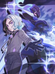  1boy amethio_(pokemon) black_gloves bolo_tie ceruledge collared_shirt commentary_request gloves grey_pants grey_shirt highres long_sleeves looking_at_viewer male_focus multicolored_hair pants pokemon pokemon_(anime) pokemon_horizons runachikku shirt short_hair sparkle split-color_hair violet_eyes white_hair 