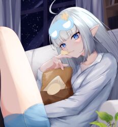  1girl ahoge bag_of_chips blue_eyes bookshelf breasts chinese_commentary chips_(food) closed_mouth collarbone commentary couch curtains eating extra_pupils female_tyrant_(stella_sora) food food_in_mouth grey_hair hand_up holding holding_food indoors light_blush light_smile long_hair long_sleeves looking_at_viewer mayie48 night on_couch pajama_shorts pajamas plant pointy_ears potato_chips sleep_mask small_breasts solo stella_sora thighs tyrant_(stella_sora) very_long_hair white_pajamas window 