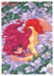  1990s_(style) 1girl bakuretsu_hunters bed_sheet border copyright_name flower gotou_keiji highres holding holding_eyewear long_hair long_sleeves looking_at_viewer miniskirt nail_polish no_shoes non-web_source official_art pink_hair pink_nails red_eyes red_skirt retro_artstyle round_eyewear skirt smile solo tira_misu 