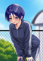  1girl blue_eyes blue_jacket blue_pants blue_sky blue_track_suit blurry building bush chain-link_fence clouds commentary_request day depth_of_field fence green_eyes hands_on_own_thighs huyumitsu jacket original outdoors pants short_hair sky solo track_jacket track_pants track_suit 