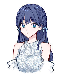 1girl :/ bare_shoulders blue_eyes blue_gem blue_hair blue_ribbon blush braid closed_mouth cropped_torso dangle_earrings dress earrings floral_print floral_print_dress gem grey_dress hair_intakes hair_ribbon highres jewelry long_hair looking_at_viewer love_live! love_live!_hasu_no_sora_jogakuin_school_idol_club mole mole_on_neck murano_sayaka print_dress ribbon simple_background sleeveless sleeveless_dress solo upper_body virtual_youtuber white_background zangemiya 